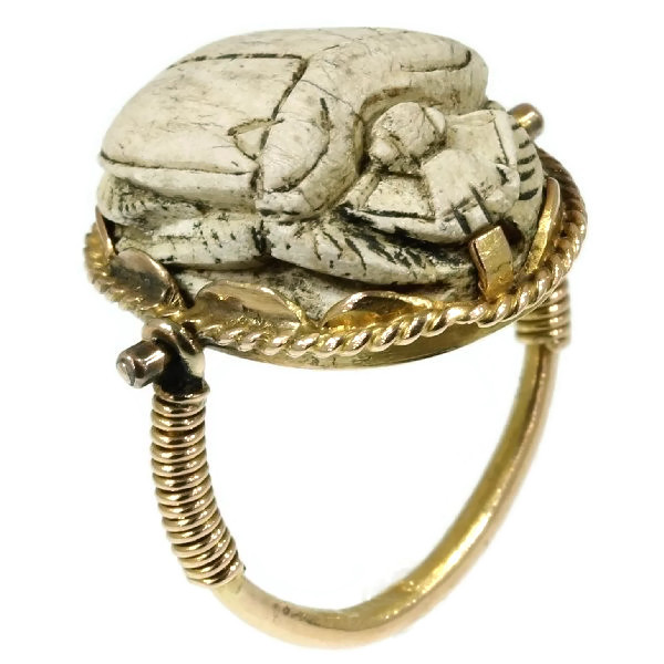 Typical Egyptian scarab ring with cartouched scarab set in gold swivel ring (image 3 of 15)